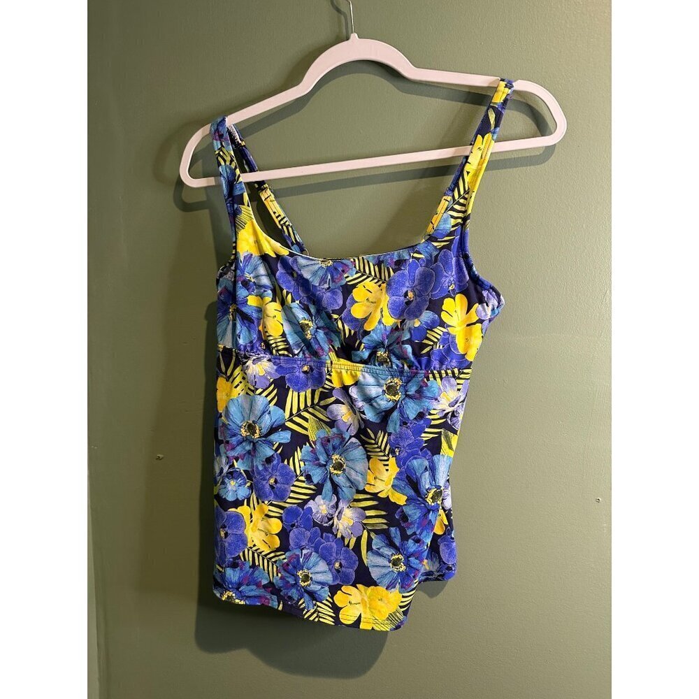 Lands' End 12 Blue Floral Tankini Swimsuit Top Shelf Bra Coastal Blue Resort